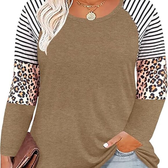 Brown Stripe Leopard Patchwork Long Sleeve Raglan Top Soft Knit Tee 2XL - Picture 1 of 4
